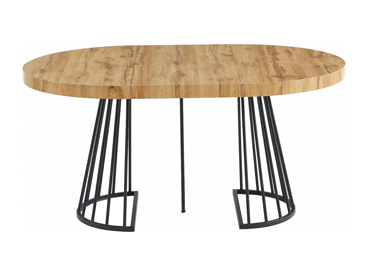 Table à manger ronde Japandi extensible 2 à 12 personnes MDF naturel, acier noir Ø 110 cm - Firela