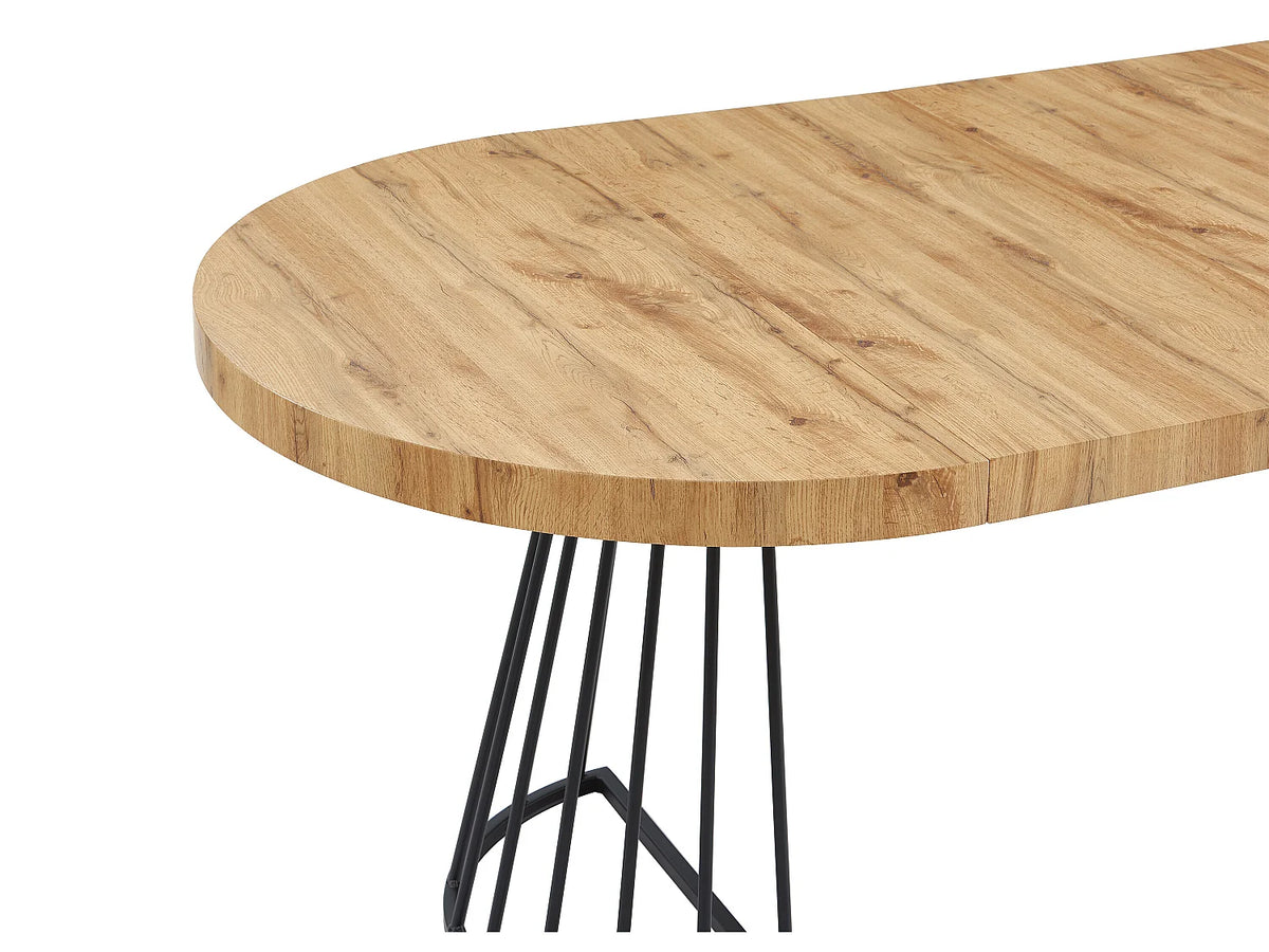 Table à manger ronde Japandi extensible 2 à 12 personnes MDF naturel, acier noir Ø 110 cm - Firela