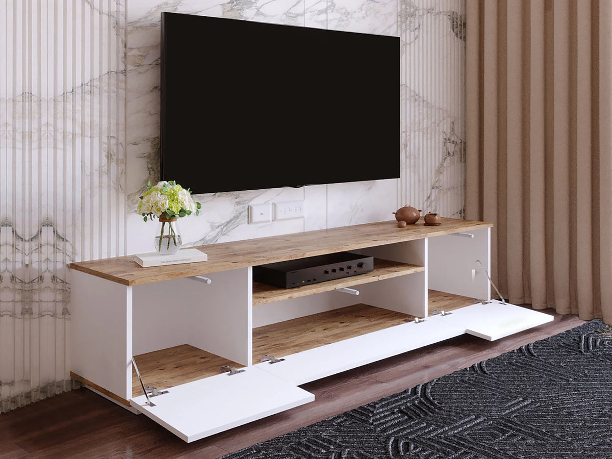 Meuble TV Japandi 3 portes et 1 niche blanc et effet bois naturel 180 x 44,6 cm - Lotula