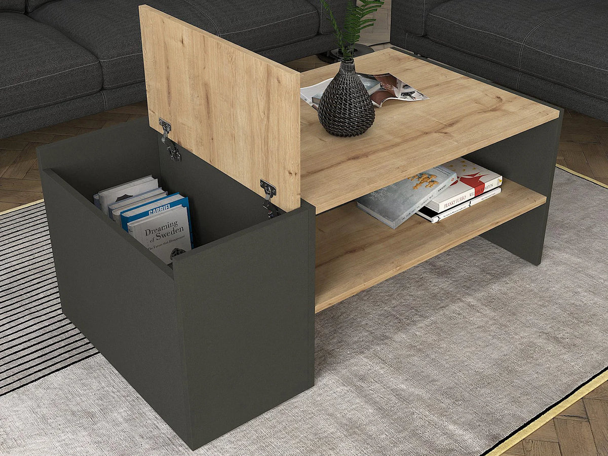 Table basse Japandi avec coffre de rangement mélaminé anthracite et naturel 110 x 60 cm - Velkan