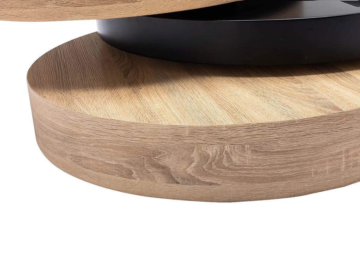 Table basse Japandi ronde pivotante avec niche en MDF noir et naturel clair Ø 80 cm - Janita