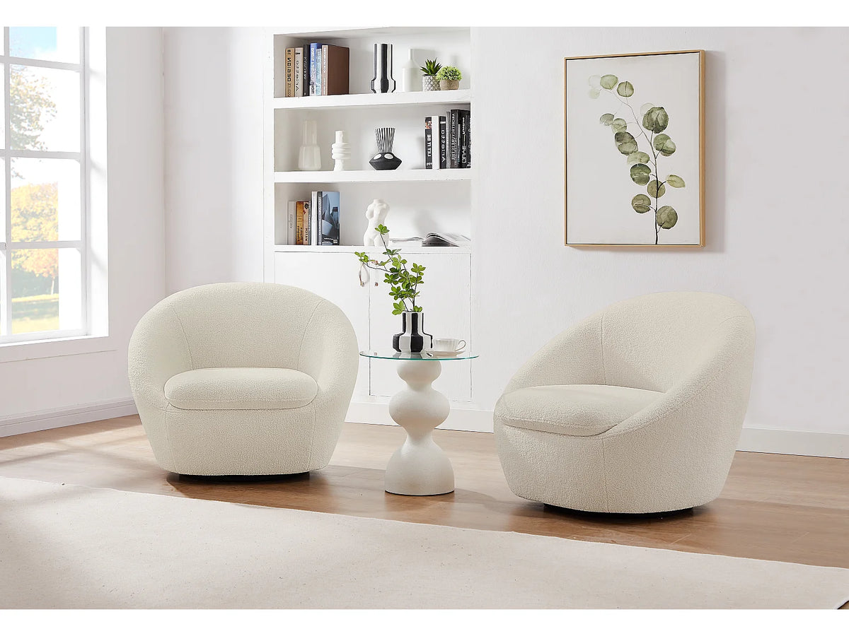 Fauteuil Japandi rond pivotant en tissu bouclette blanc - Lacara