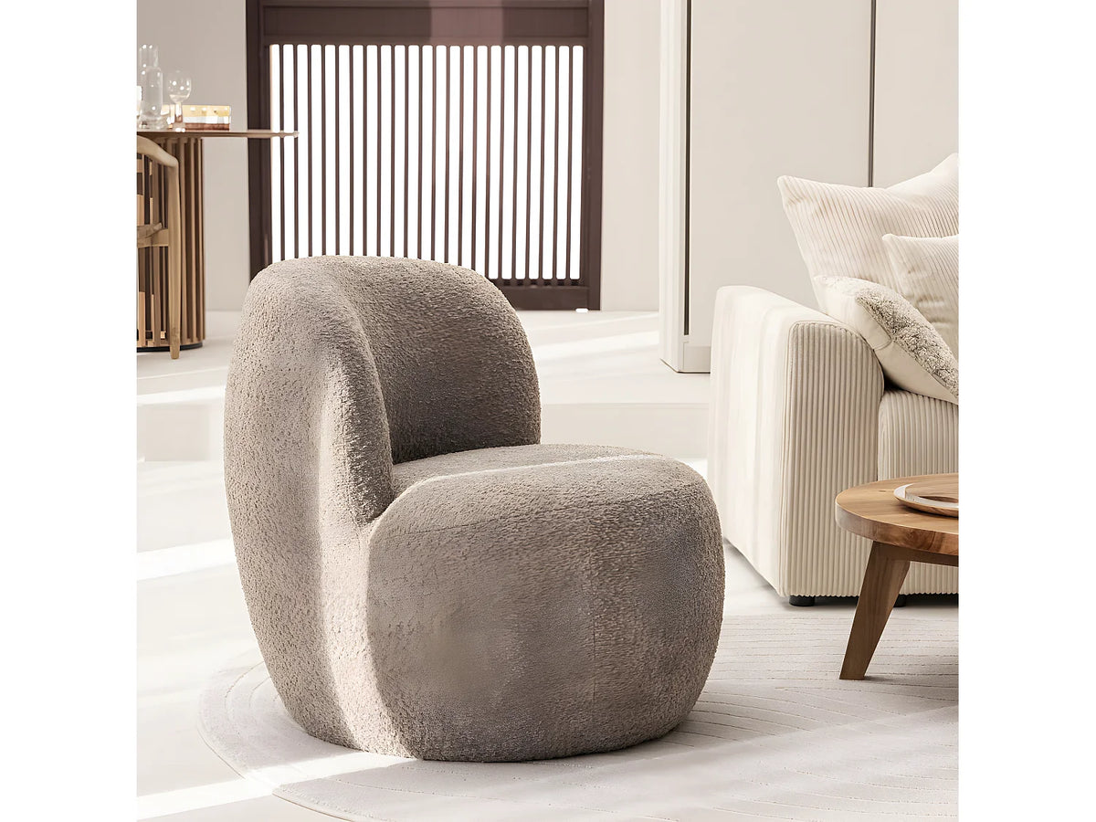 Fauteuil Japandi rond en bouclette taupe - Mo
