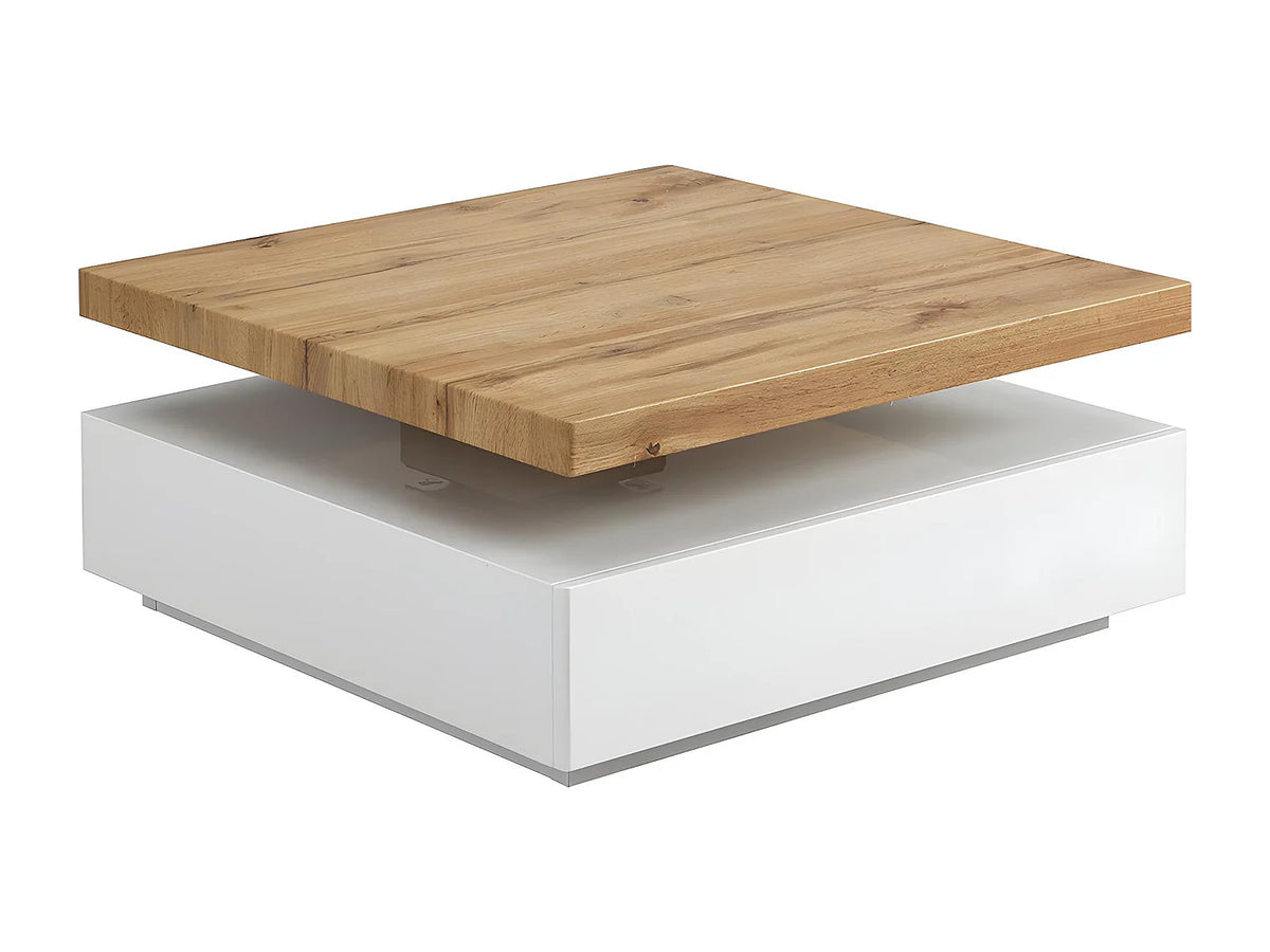 Table basse Japandi carrée pivotante avec 1 tiroir en MDF blanc et naturel 80 x 80 cm - Kyria