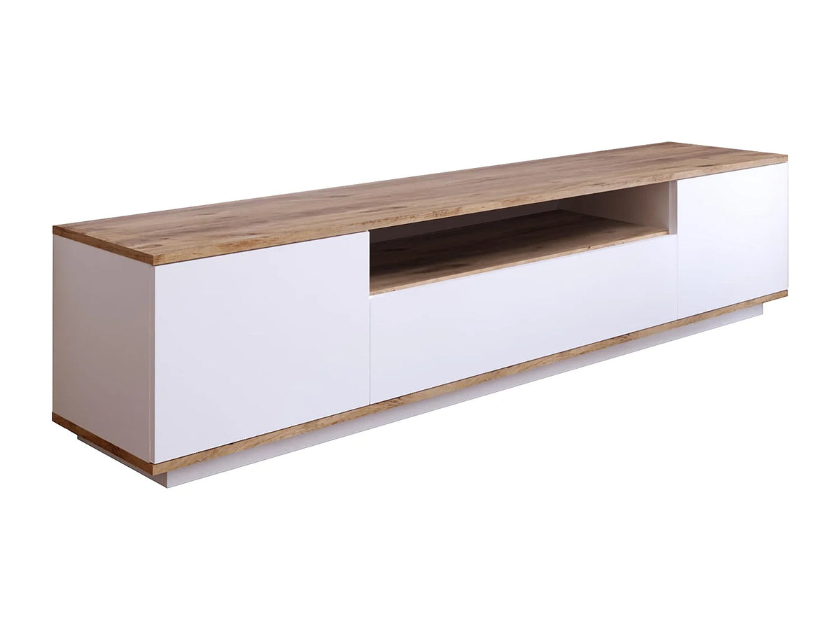 Meuble TV Japandi 3 portes et 1 niche blanc et effet bois naturel 180 x 44,6 cm - Lotula