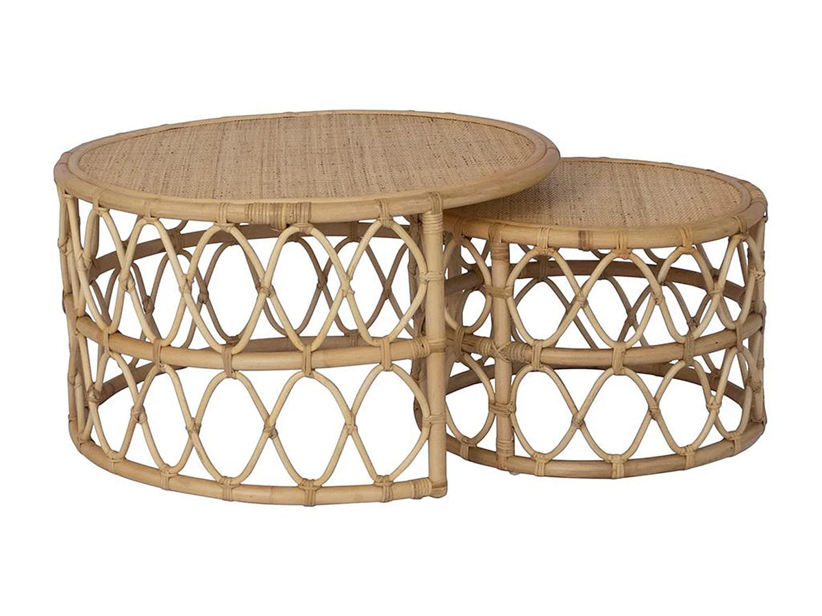 Lot de 2 tables basses Japandi gigognes rondes en rotin tressé naturel Ø 80 cm - Ronita
