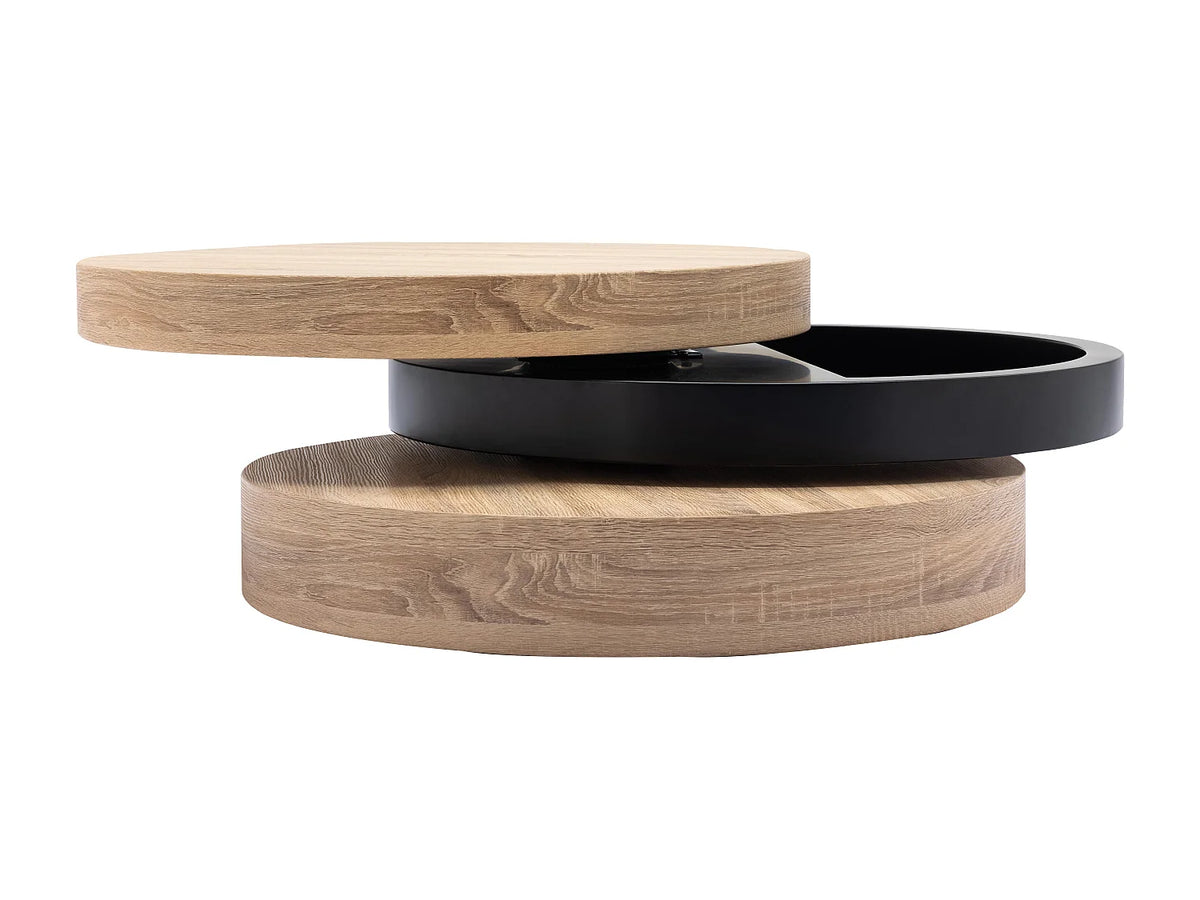 Table basse Japandi ronde pivotante avec niche en MDF noir et naturel clair Ø 80 cm - Janita