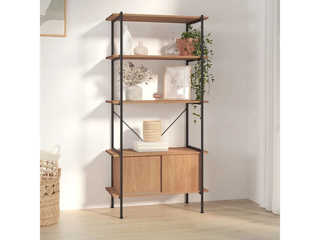 Étagère Japandi 5 niveaux avec armoire bois d'ingénierie et acier marron 80 x 163 cm - Bonnevie