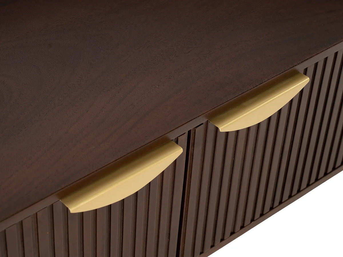 Meuble TV Japandi 2 portes rainurées en bois de manguier et métal doré 160 x 45 cm - Nevili