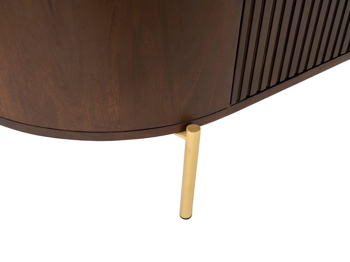 Meuble TV Japandi 2 portes rainurées en bois de manguier et métal doré 160 x 45 cm - Nevili
