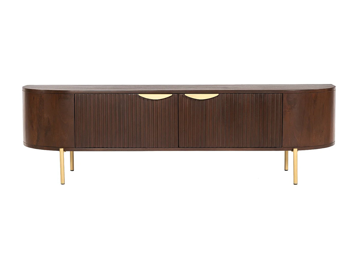 Meuble TV Japandi 2 portes rainurées en bois de manguier et métal doré 160 x 45 cm - Nevili