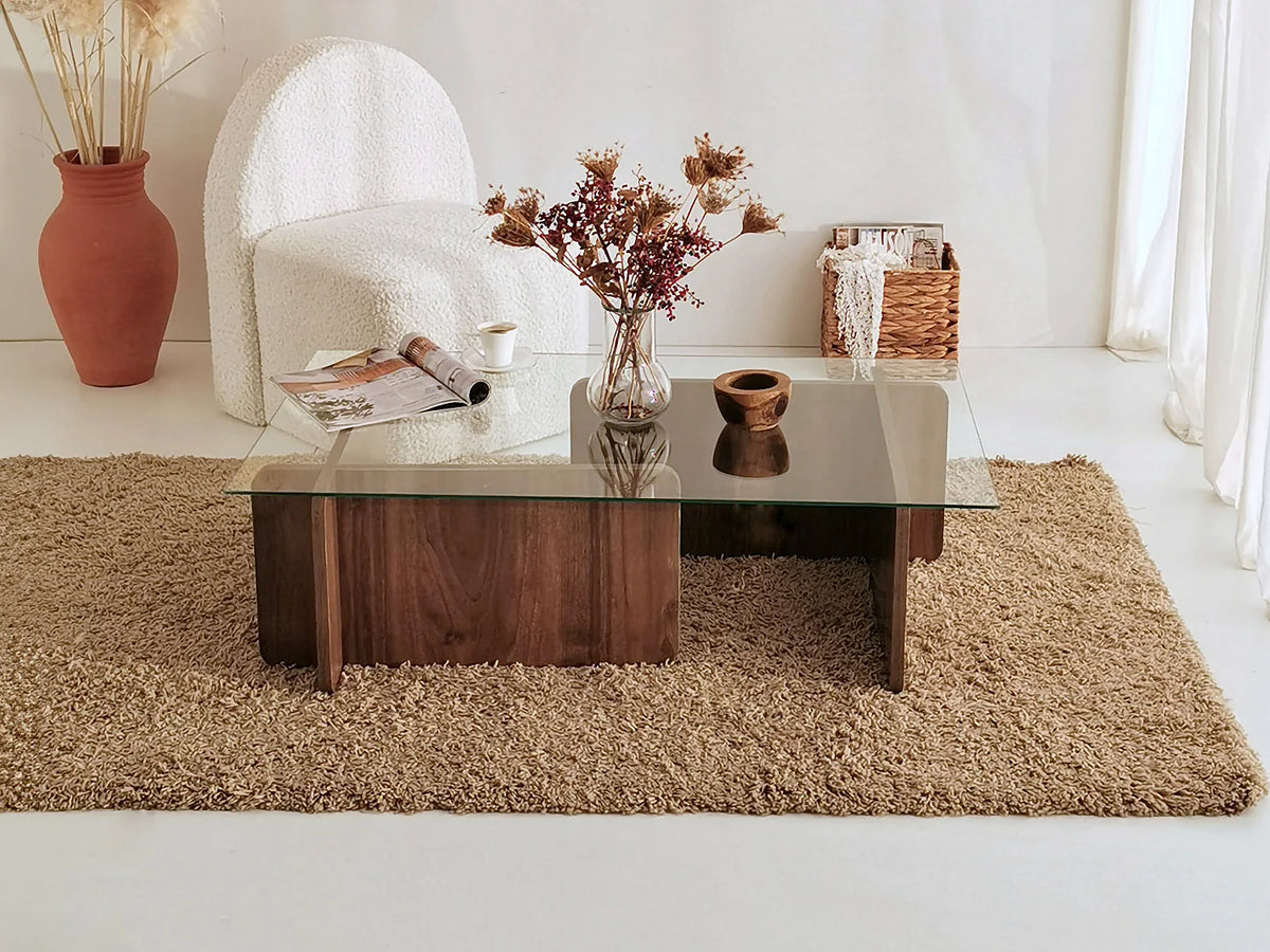 Table basse Japandi en verre trempé et piètement sculptural naturel foncé 105 x 65 cm - Azra