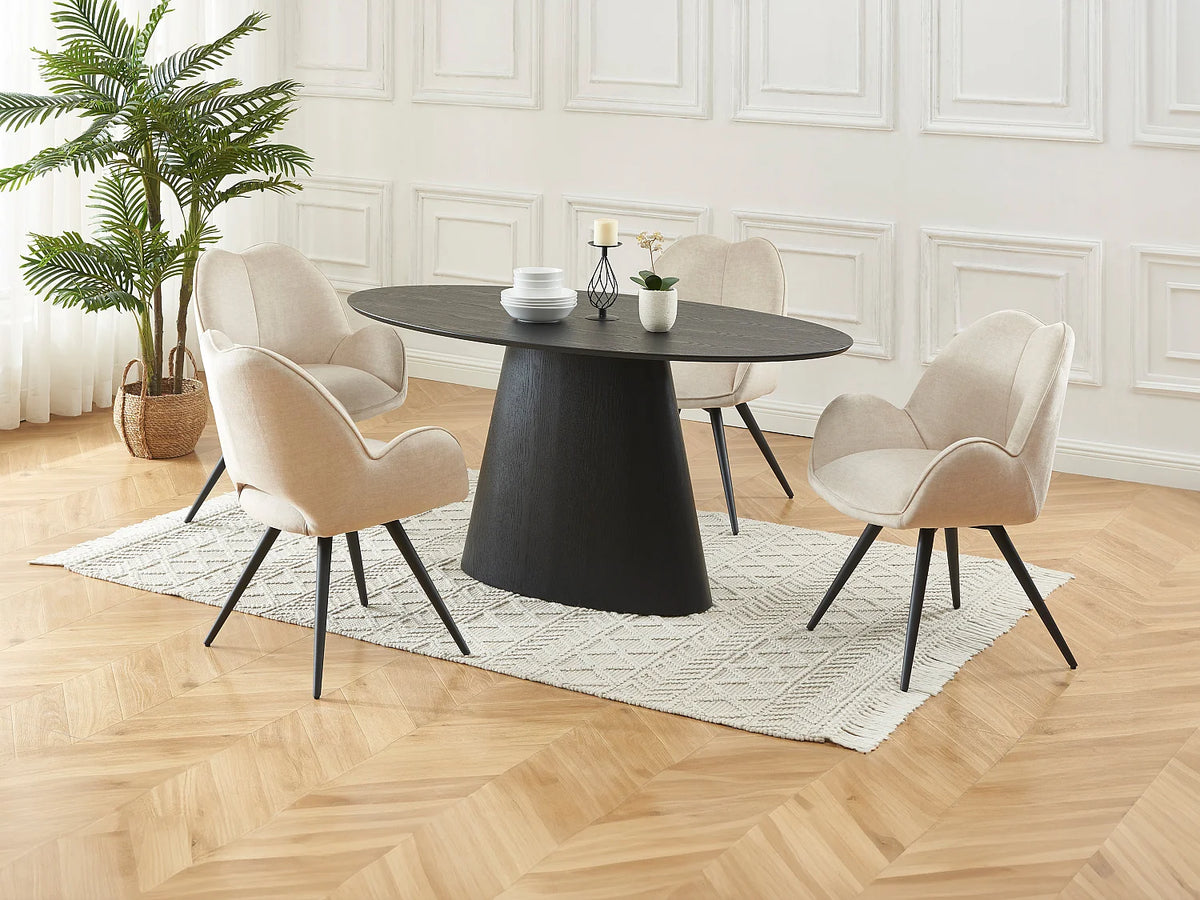Table à manger ovale Japandi 6 personnes placage de frêne noir 160 x 90 cm - Antelada