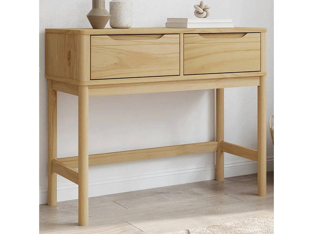 Console Japandi 2 tiroirs en pin massif marron ciré 89,5 x 73 cm - Floro