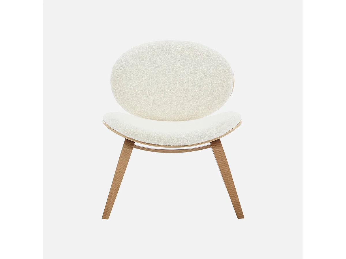 Fauteuil Japandi relax en bois courbé effet chêne naturel et bouclette texturée