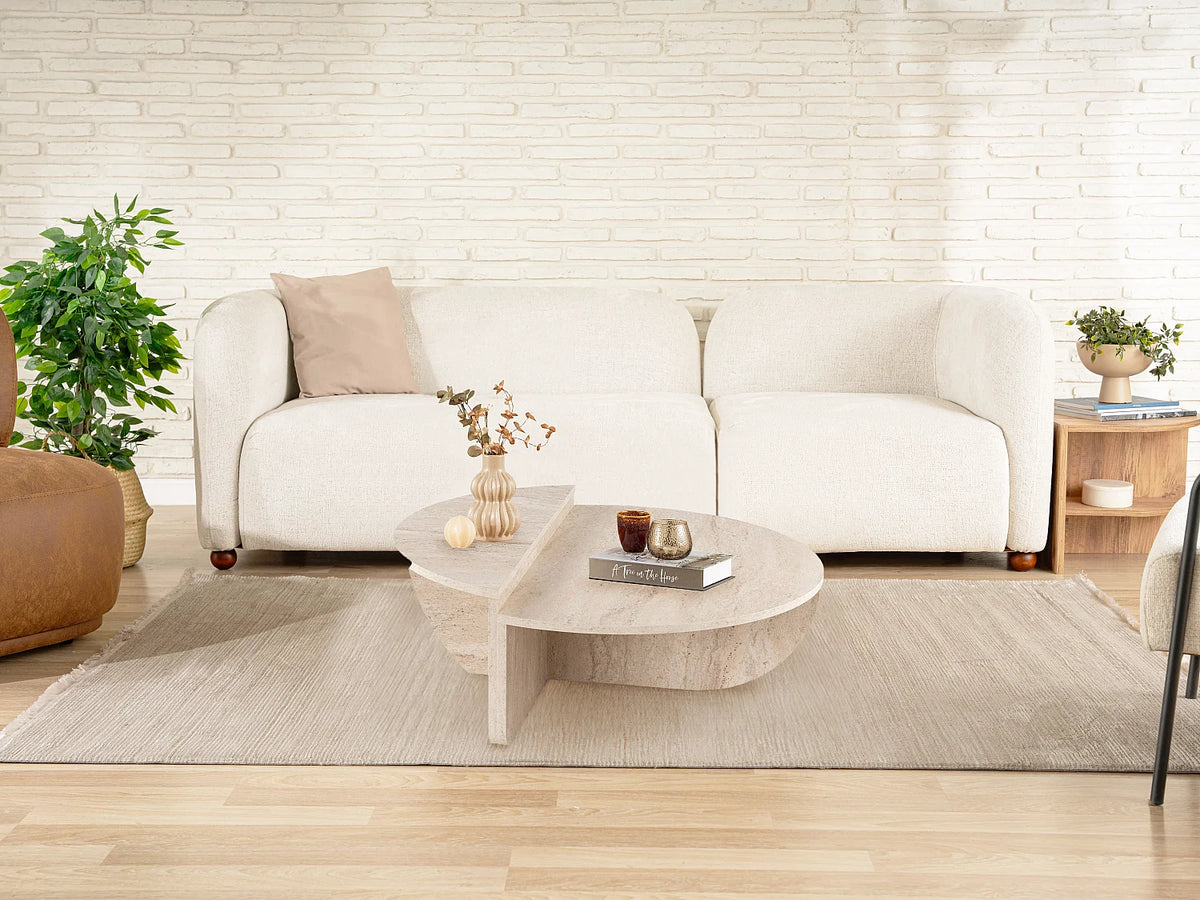 Lot de 2 tables basses Japandi asymétriques effet travertin beige 90 x 60 cm - Aloeva