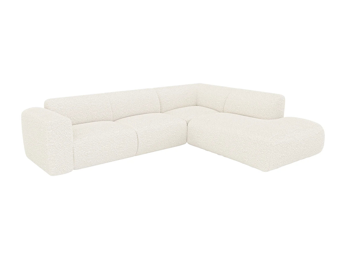 Grand canapé d'angle Japandi droit avec dossier méridienne 6 places en bouclette blanche 269 cm - Pogni