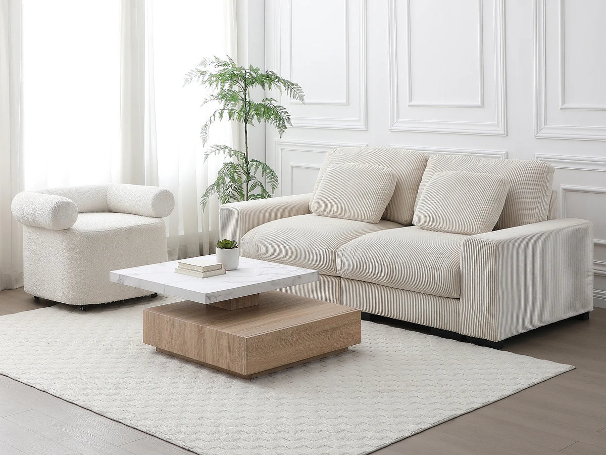 Table basse Japandi carrée pivotante avec 1 tiroir effet marbre blanc et naturel 80 x 80 cm - Kyria