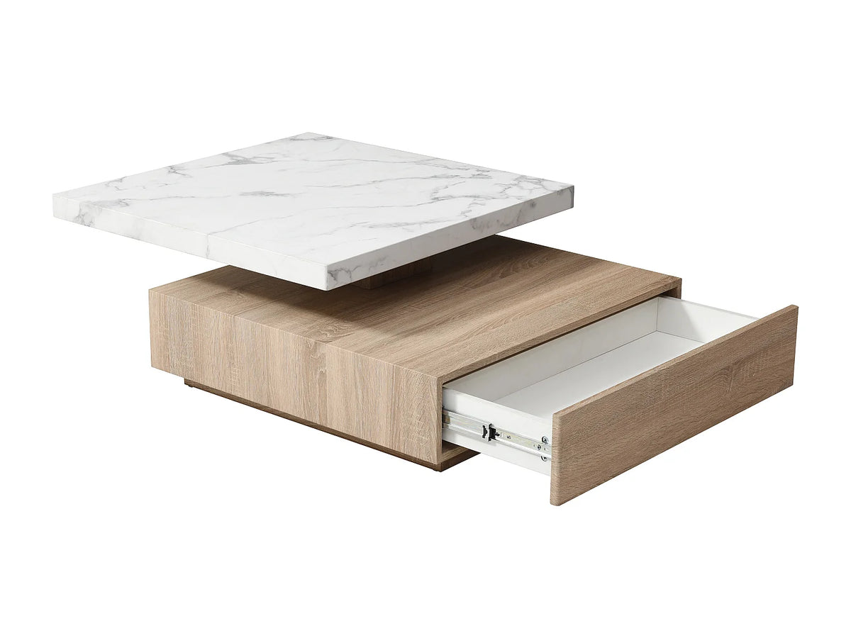Table basse Japandi carrée pivotante avec 1 tiroir effet marbre blanc et naturel 80 x 80 cm - Kyria