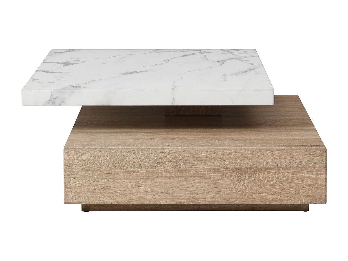 Table basse Japandi carrée pivotante avec 1 tiroir effet marbre blanc et naturel 80 x 80 cm - Kyria