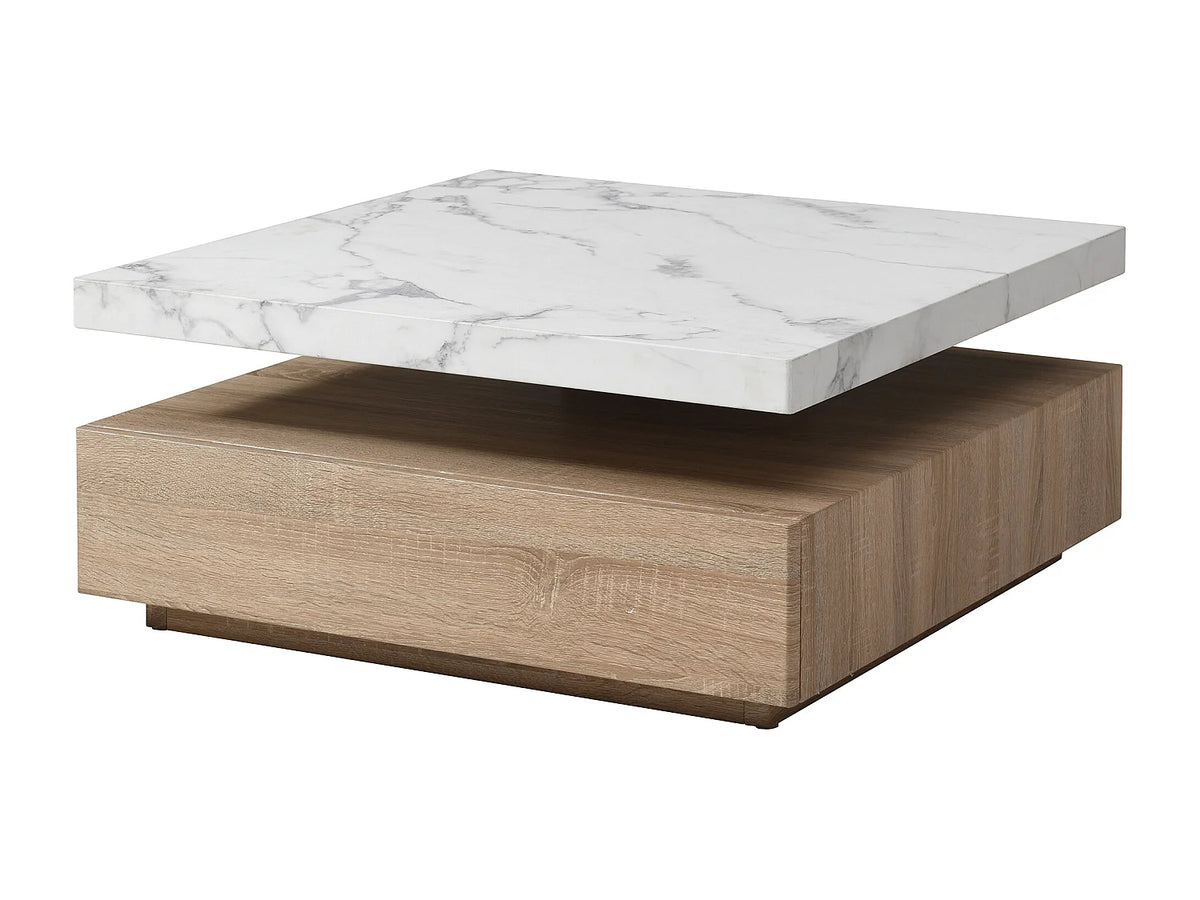 Table basse Japandi carrée pivotante avec 1 tiroir effet marbre blanc et naturel 80 x 80 cm - Kyria