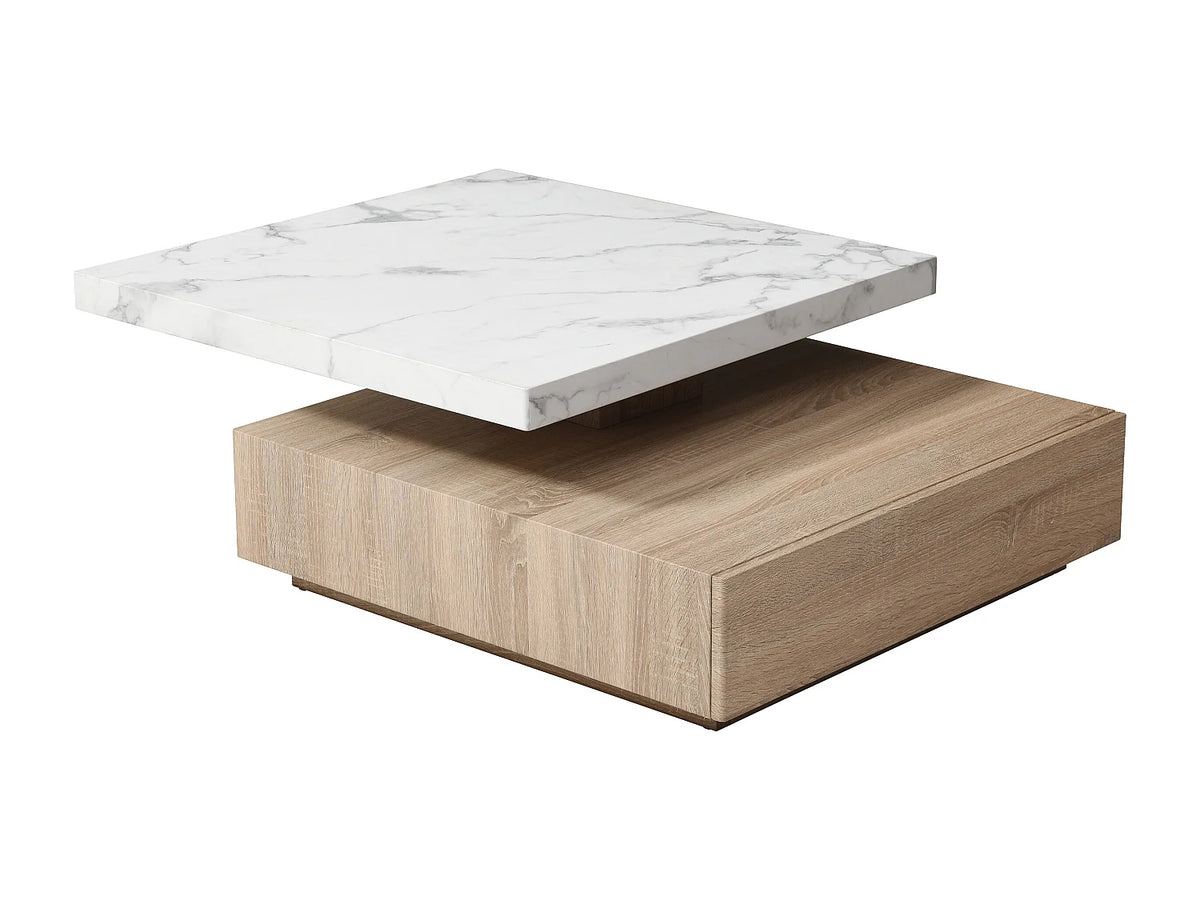 Table basse Japandi carrée pivotante avec 1 tiroir effet marbre blanc et naturel 80 x 80 cm - Kyria