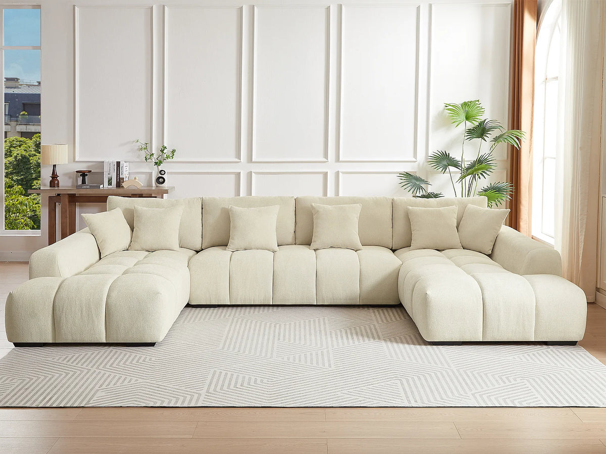 Grand canapé d'angle Japandi panoramique 7 places en tissu texturé beige 364 cm - Berenia
