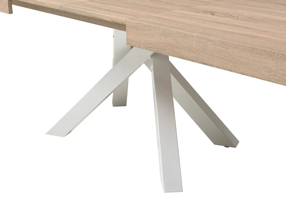 Table à manger Japandi extensible 6 à 10 personnes MDF naturel et métal blanc 160 x 90 cm - Catonav