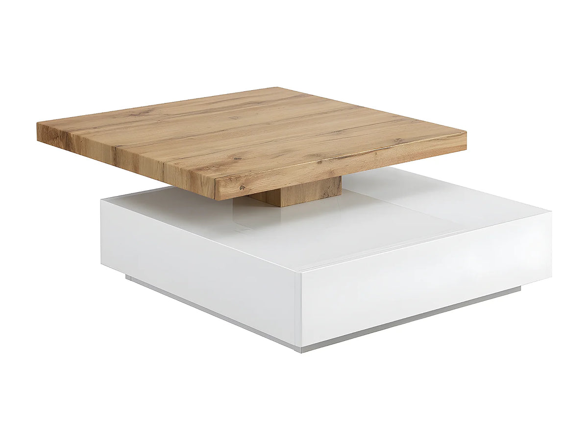 Table basse Japandi carrée pivotante avec 1 tiroir en MDF blanc et naturel 80 x 80 cm - Kyria