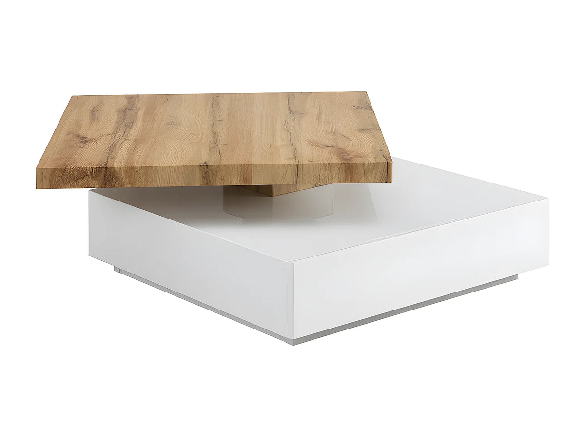 Table basse Japandi carrée pivotante avec 1 tiroir en MDF blanc et naturel 80 x 80 cm - Kyria
