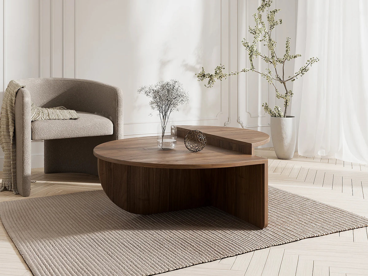 Lot de 2 tables basses Japandi modulables demi-lune mélaminé naturel foncé 90 x 60 cm - Aloeva