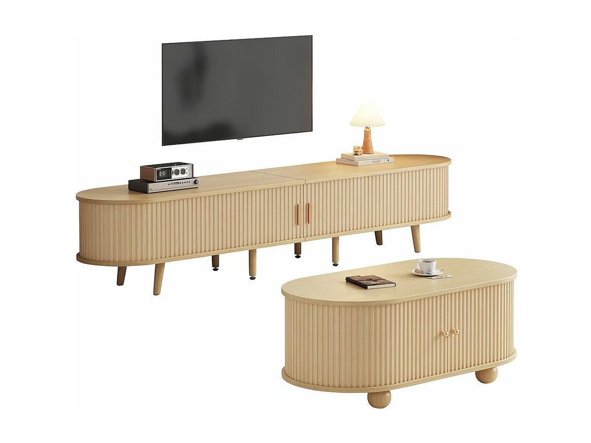 Meuble TV Japandi ovale noyer clair avec table basse assortie 175 x 42 cm