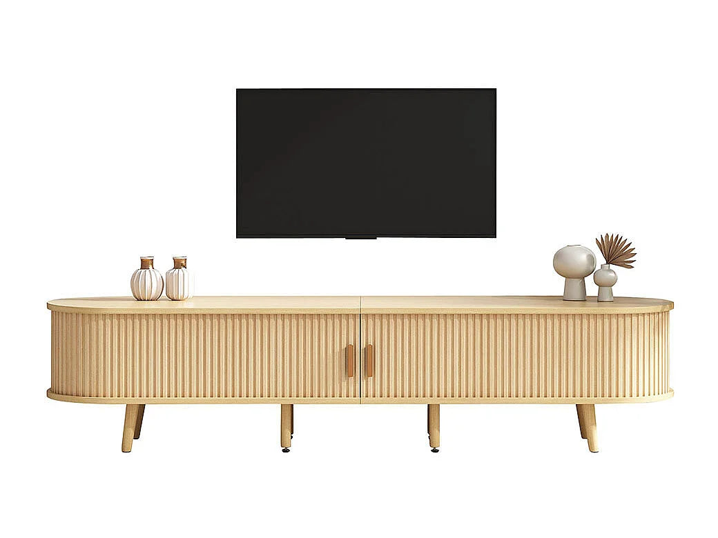 Meuble TV Japandi ovale 2 tiroirs et 2 portes coulissantes effet noyer clair 175 x 42 cm