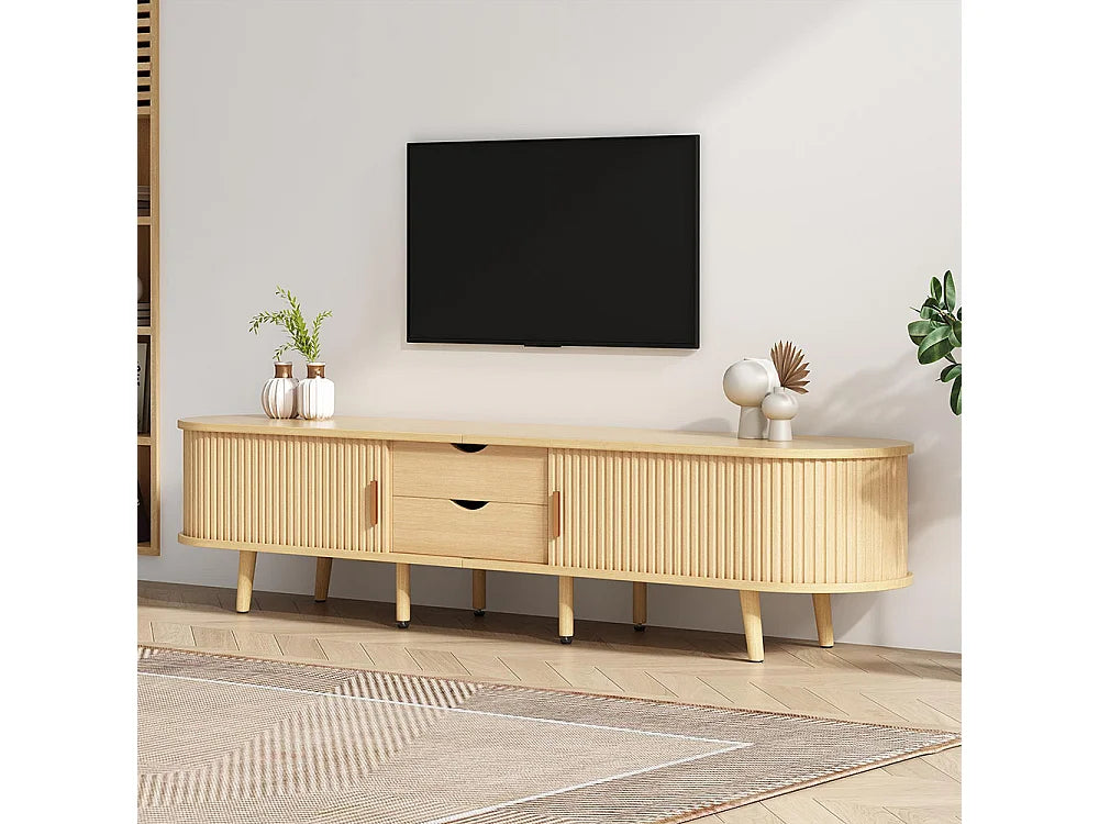 Meuble TV Japandi ovale 2 tiroirs et 2 portes coulissantes effet noyer clair 175 x 42 cm