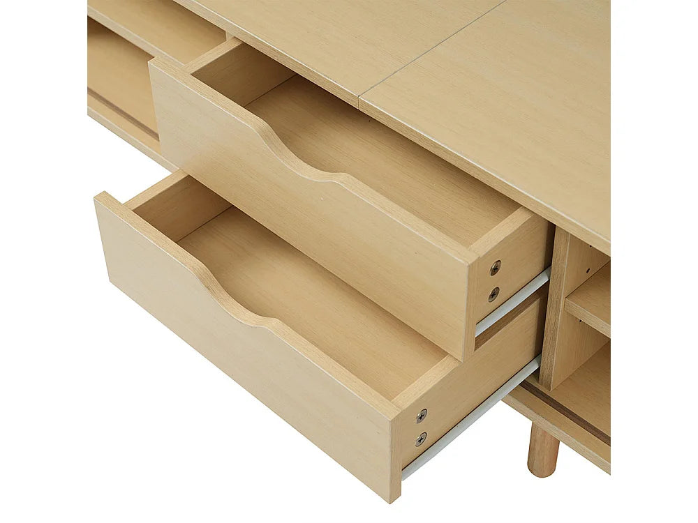Meuble TV Japandi ovale 2 tiroirs et 2 portes coulissantes effet noyer clair 175 x 42 cm