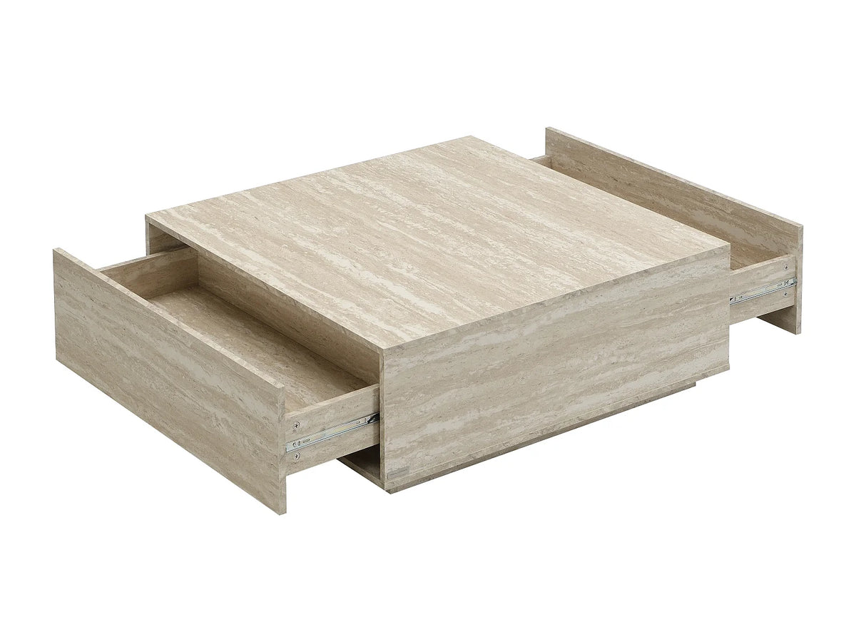 Table basse Japandi carrée avec 2 tiroirs en MDF effet travertin beige 90 x 90 cm - Antrim