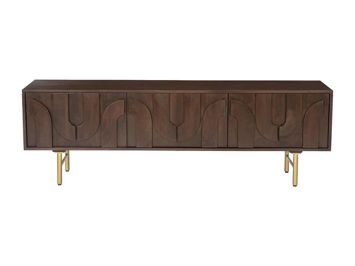 Meuble TV Japandi 3 portes en bois de manguier et métal doré 160 x 50 cm - Mizoram