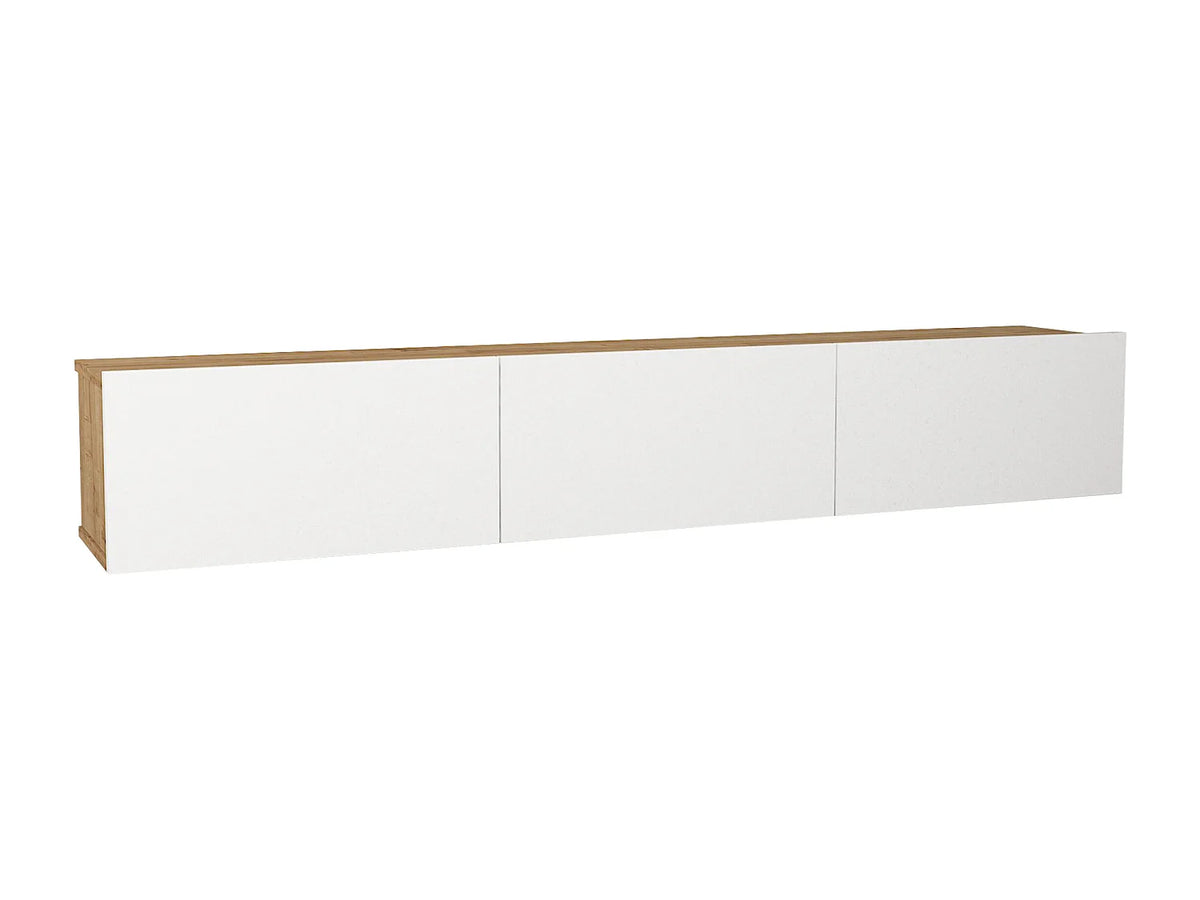 Meuble TV Japandi suspendu 3 portes blanc et effet bois naturel clair 180 x 29,5 cm - Vikila