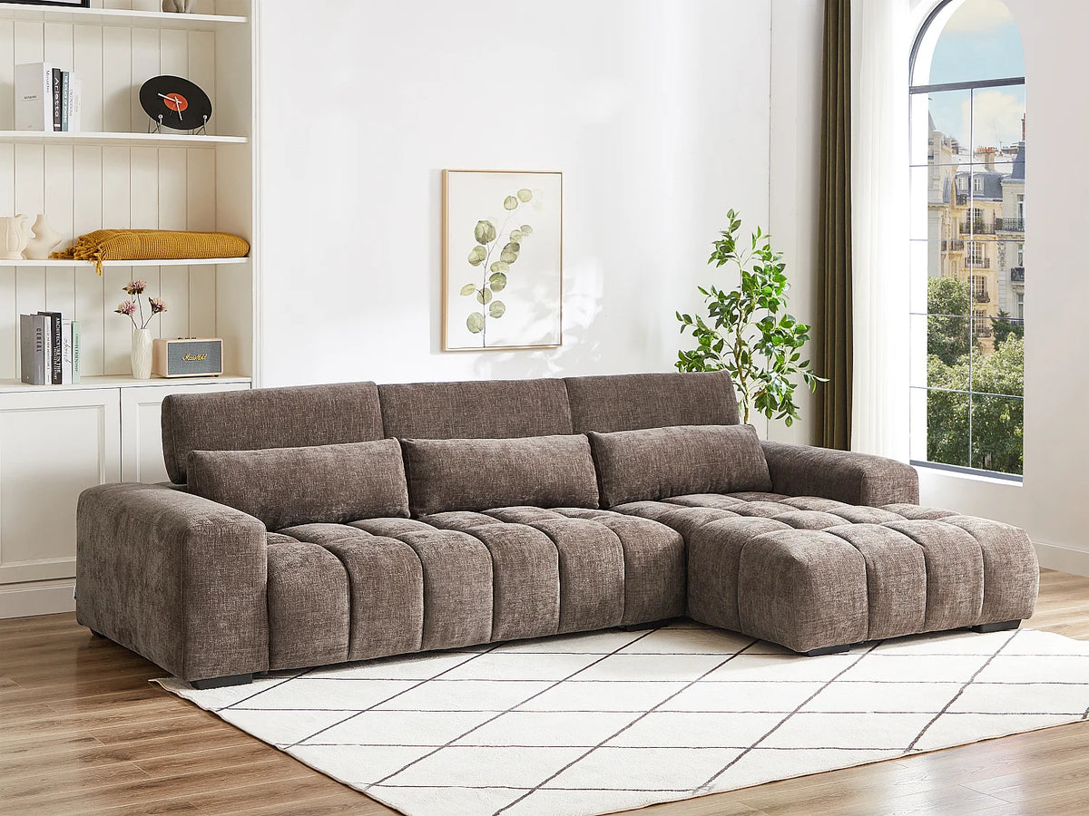 Canapé d'angle Japandi droit en tissu texturé taupe 312 cm - Loponza