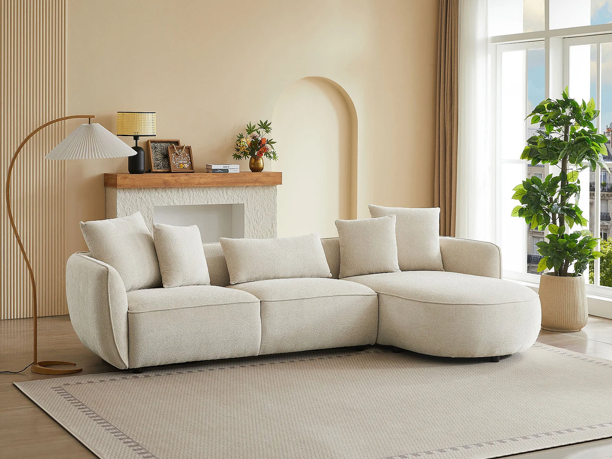 Canapé d'angle Japandi droit 5 places en tissu chenille beige 296 cm - Dokalo