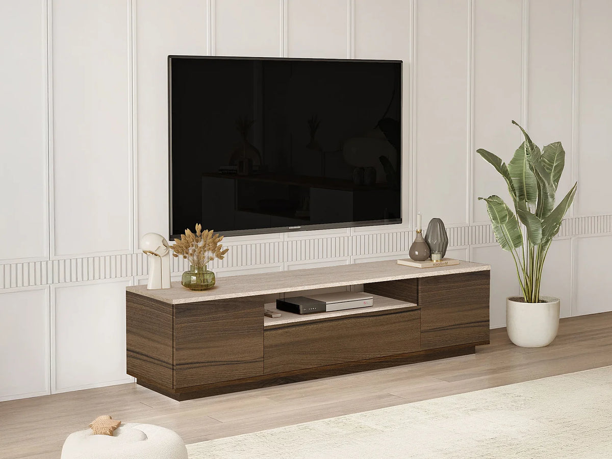 Meuble TV Japandi 3 portes et 1 niche effet travertin et bois naturel foncé 180 x 44,6 cm - Lotula