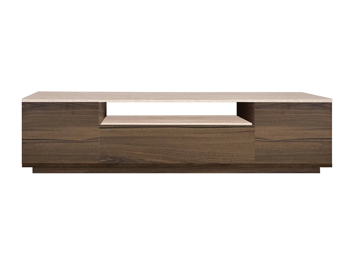Meuble TV Japandi 3 portes et 1 niche effet travertin et bois naturel foncé 180 x 44,6 cm - Lotula