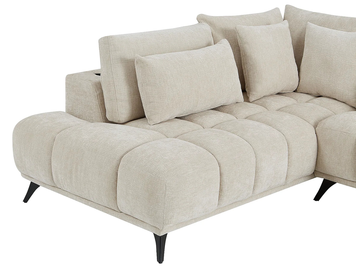 Canapé d'angle Japandi gauche à dossier relevable en velours texturé beige 285 cm - Maviro