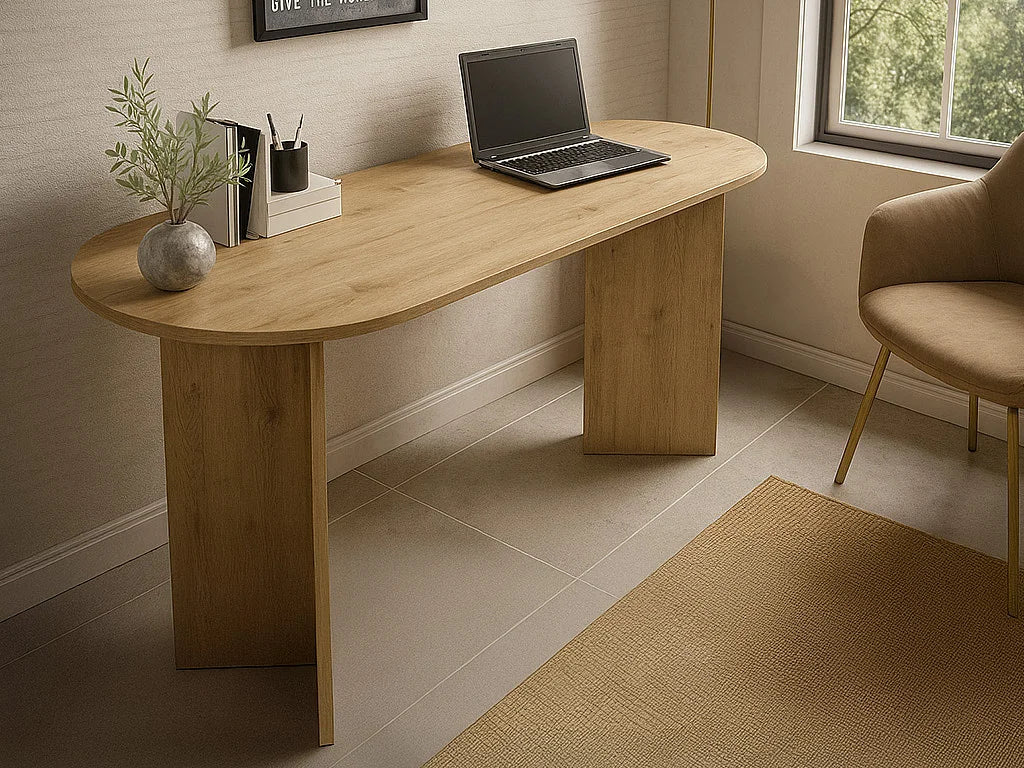 Bureau console Japandi aux lignes arrondies coloris naturel clair 140 x 74 cm - Topania