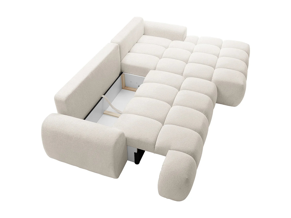 Canapé d'angle Japandi droit convertible avec coffre en tissu chenille beige 280 cm - Farneta