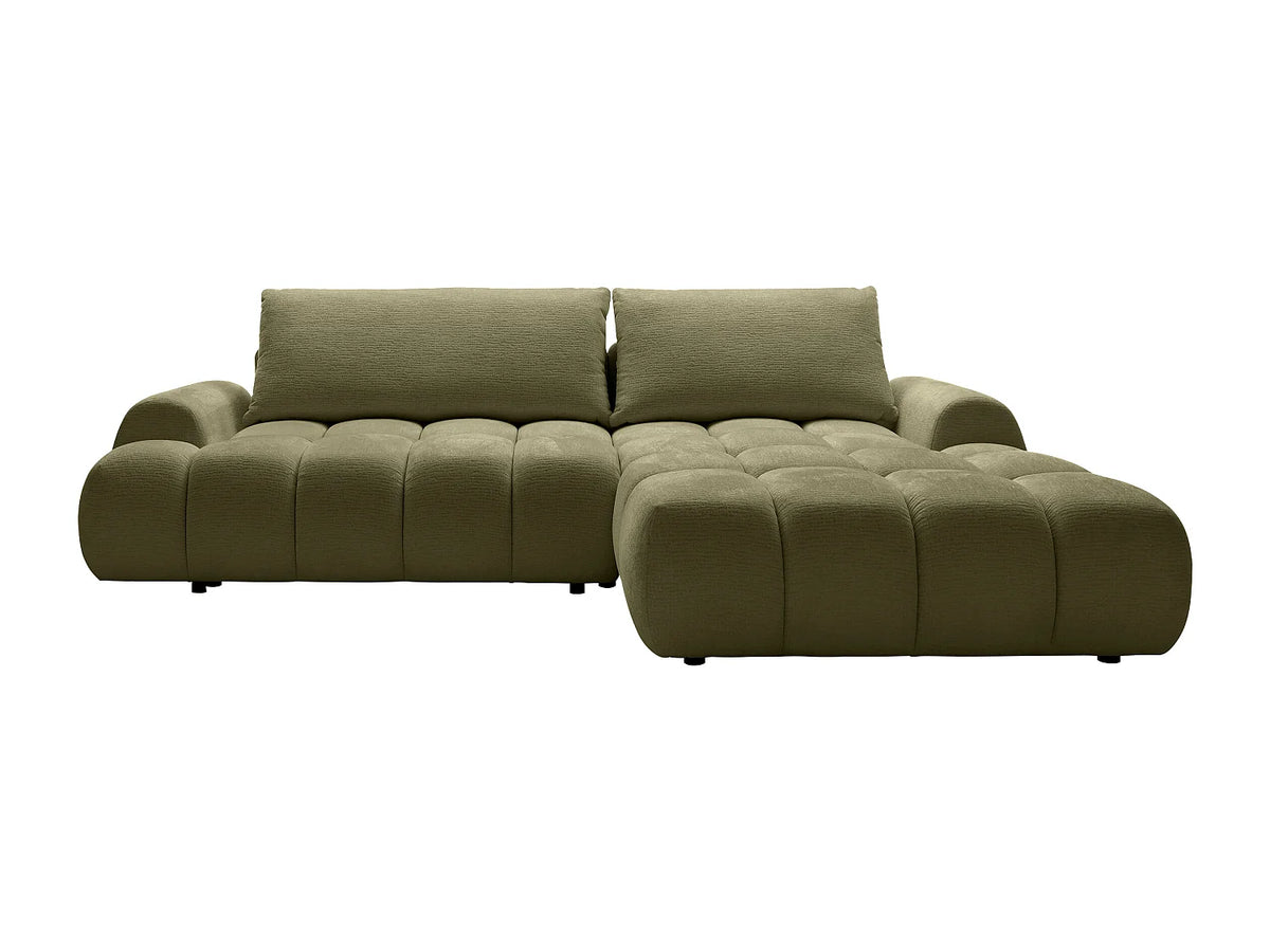Canapé d'angle Japandi droit convertible avec coffre en tissu chenille vert 280 cm - Farneta