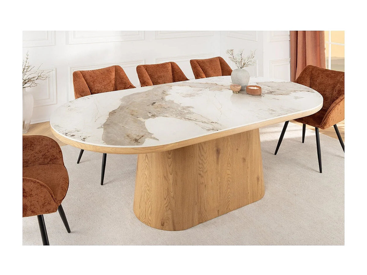 Table à manger ovale Japandi 10 personnes effet marbre blanc et chêne 200 x 100 cm - Lumea