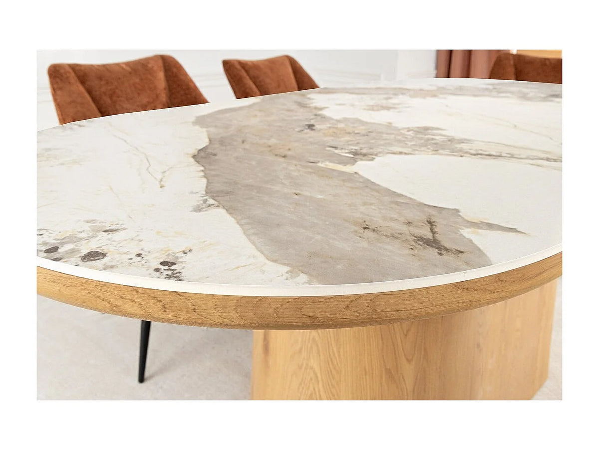 Table à manger ovale Japandi 10 personnes effet marbre blanc et chêne 200 x 100 cm - Lumea