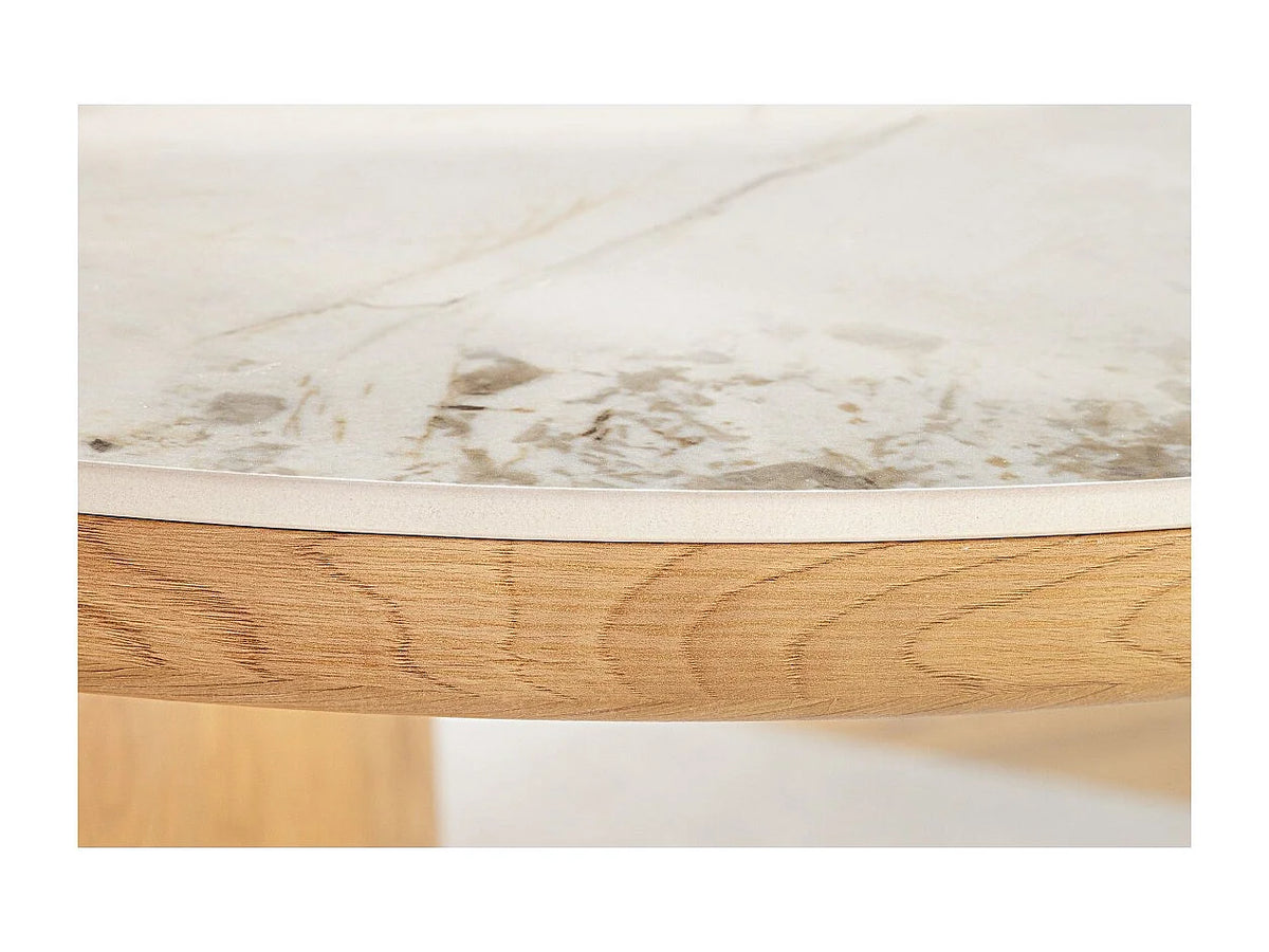 Table à manger ovale Japandi 10 personnes effet marbre blanc et chêne 200 x 100 cm - Lumea