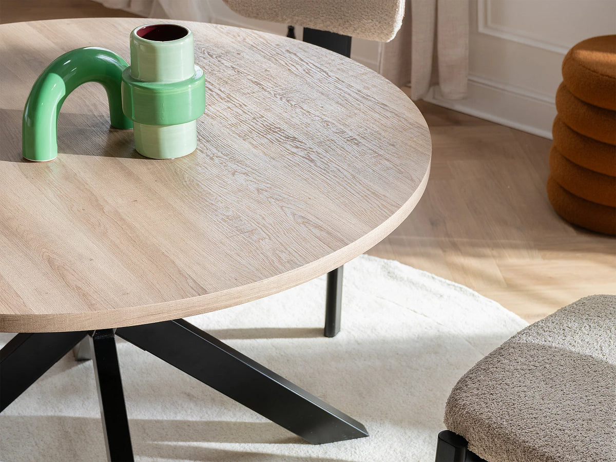 Table à manger ronde Japandi 4 personnes MDF chêne et métal noir Ø 120 cm - Tilki